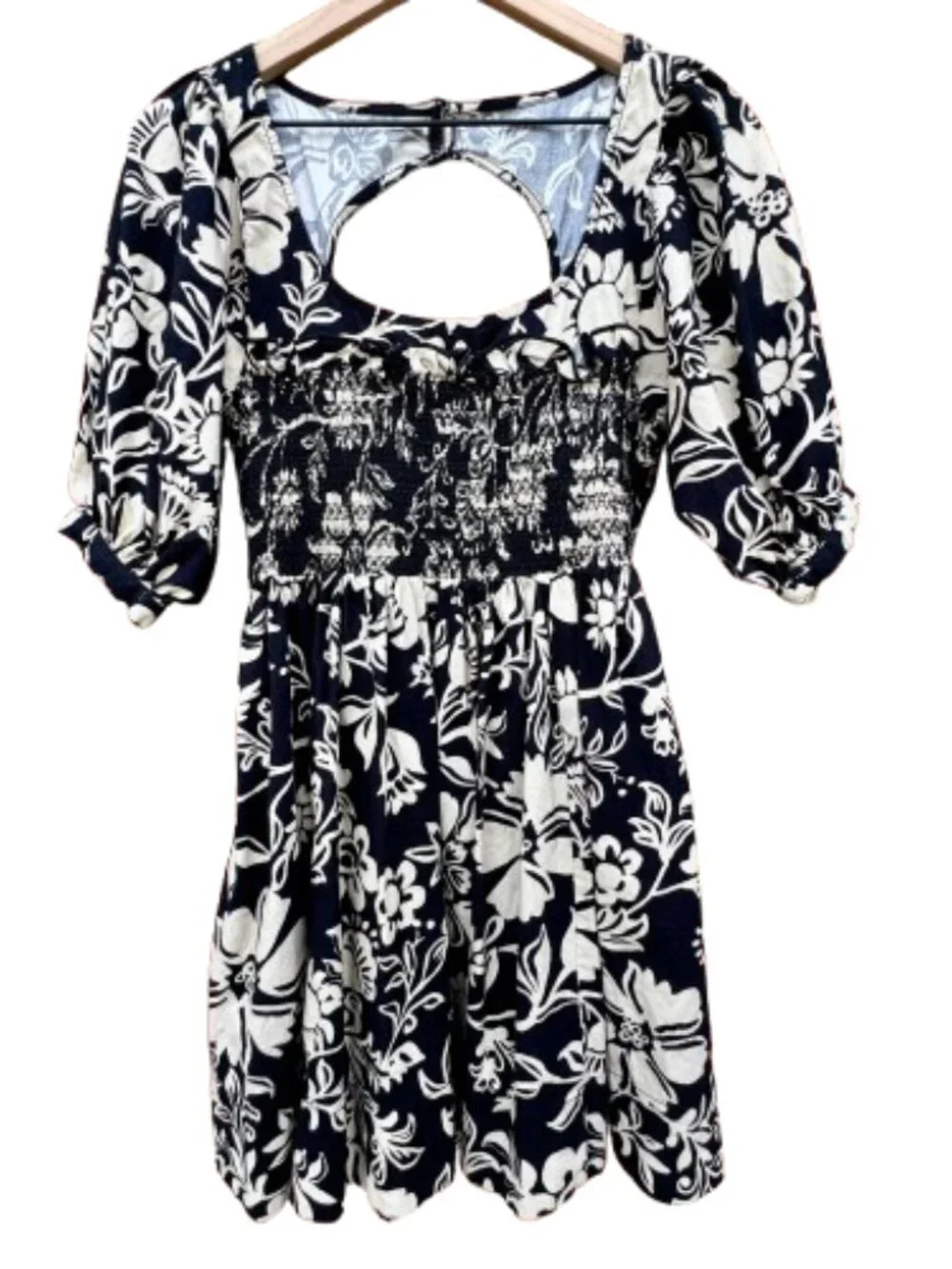 Free People Dear Delilah Mini Dress Medium Black Tan Floral Pockets Puff Sleeves